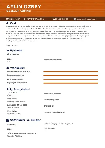 Güzellik Uzmanı Cv Örnekleri  cv indir